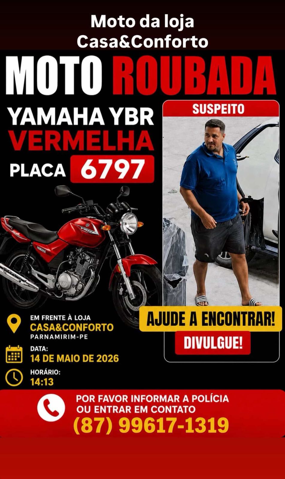 Motocicleta é furtada em plena luz do dia em em Parnamirim